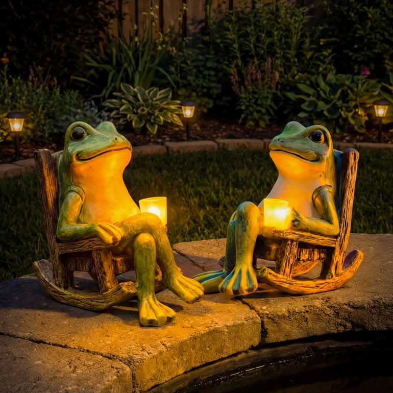 Garden Frog Statue Solar-Powered Automatic Light Weather-Resistant