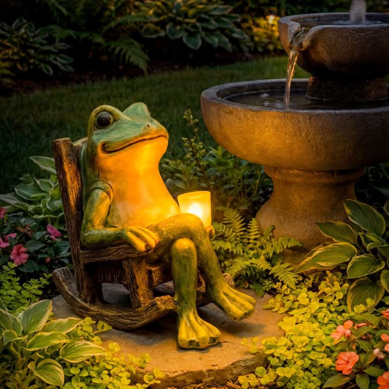 Garden Frog Statue Solar-Powered Automatic Light Weather-Resistant