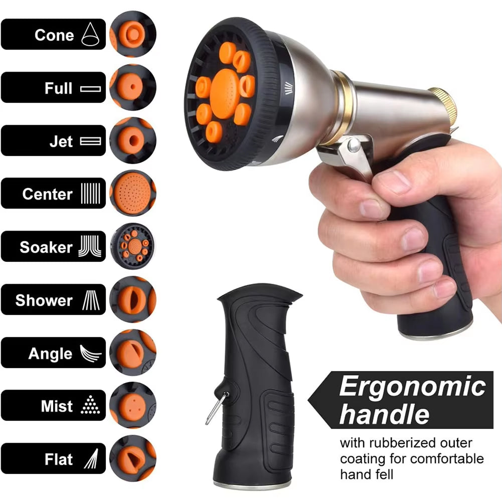 Garden Hose Nozzle Heavy-Duty Metal 9 Spray Patterns