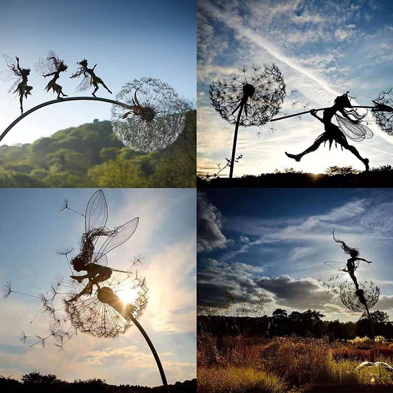 Garden Stake Fairy With Dandelion Weather-Resistant Metal