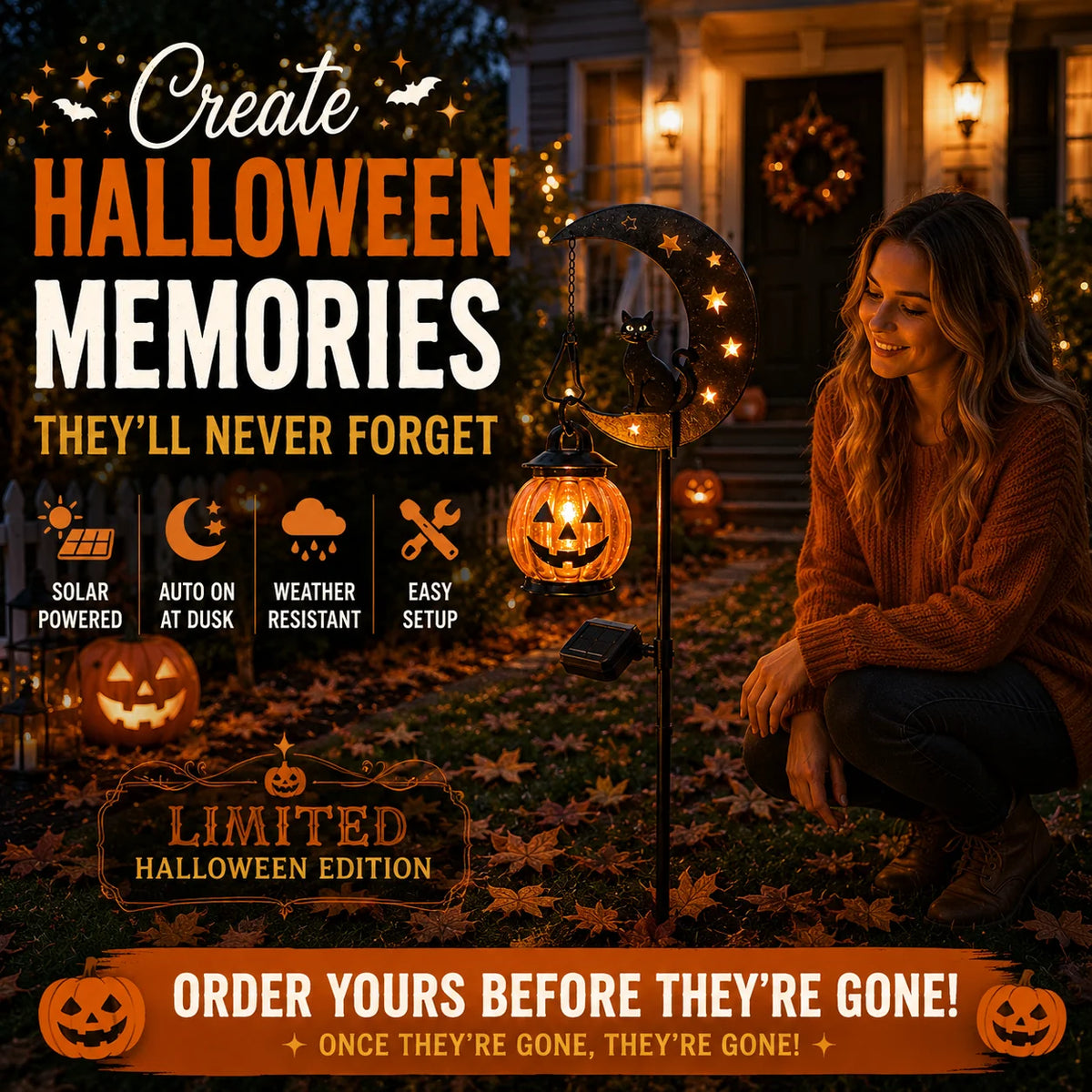 Garden Stake Light Pumpkin Moon Design Battery-Free