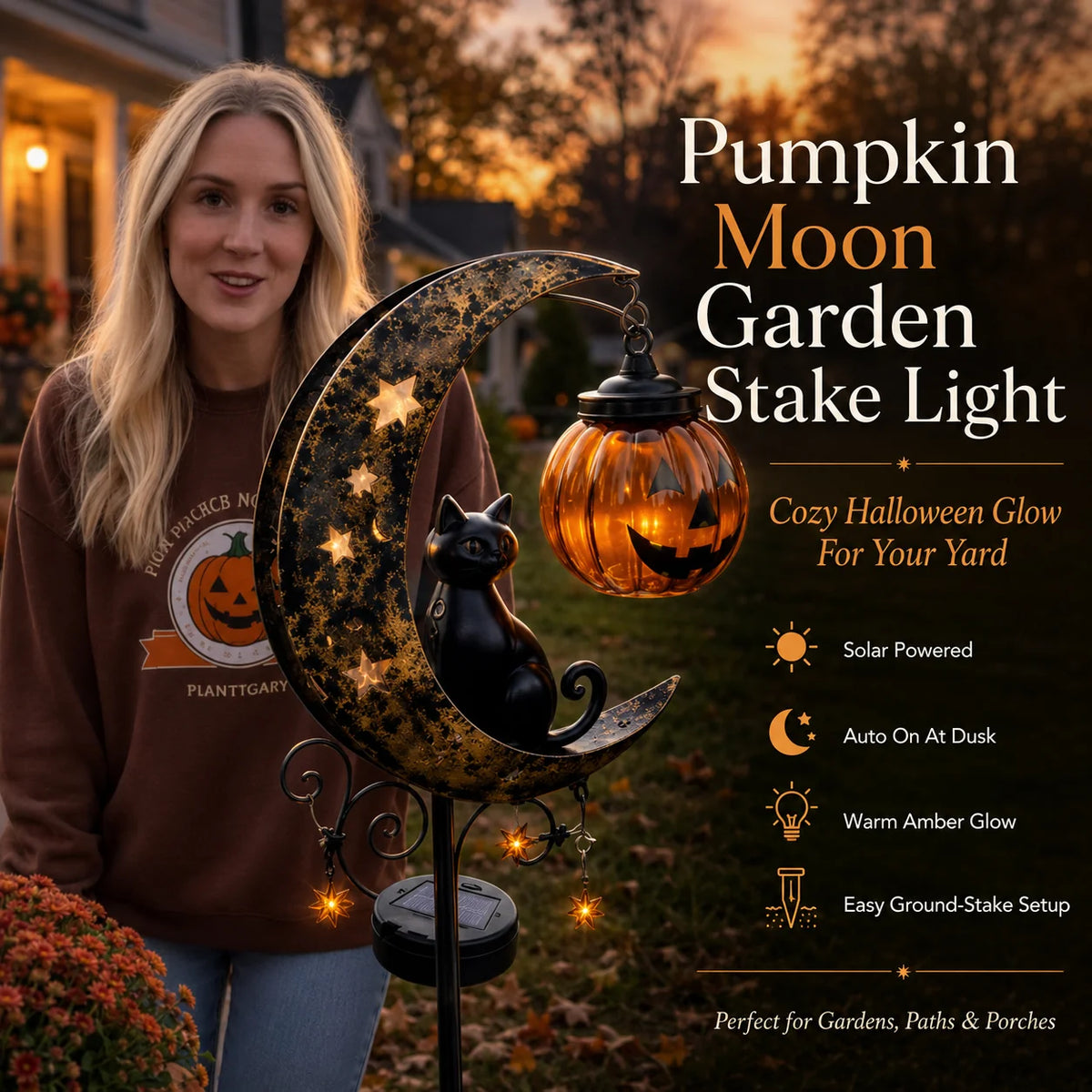 Garden Stake Light Pumpkin Moon Design Battery-Free