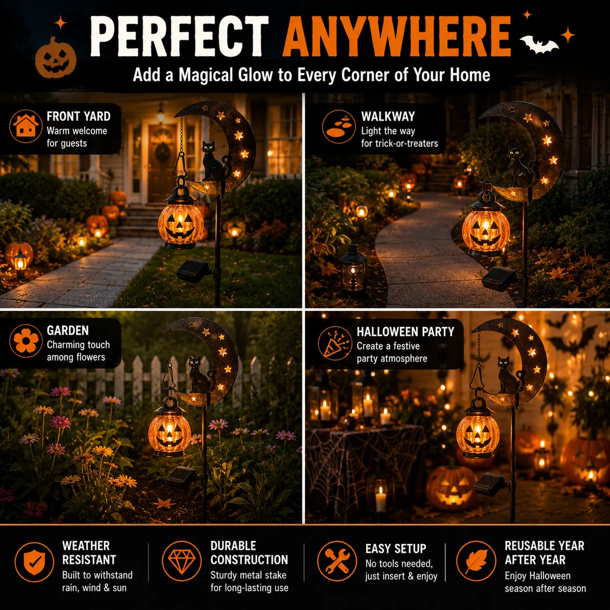Garden Stake Light Pumpkin Moon Design Battery-Free
