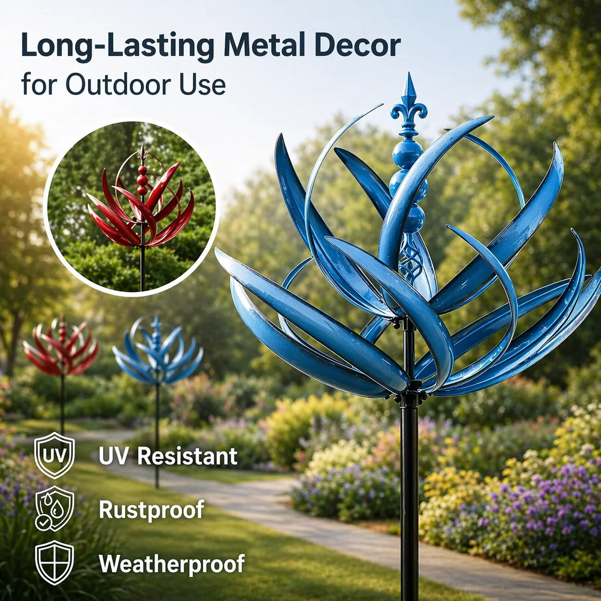 Garden Wind Spinner Kinetic Lotus Design & Weather-Resistant Metal