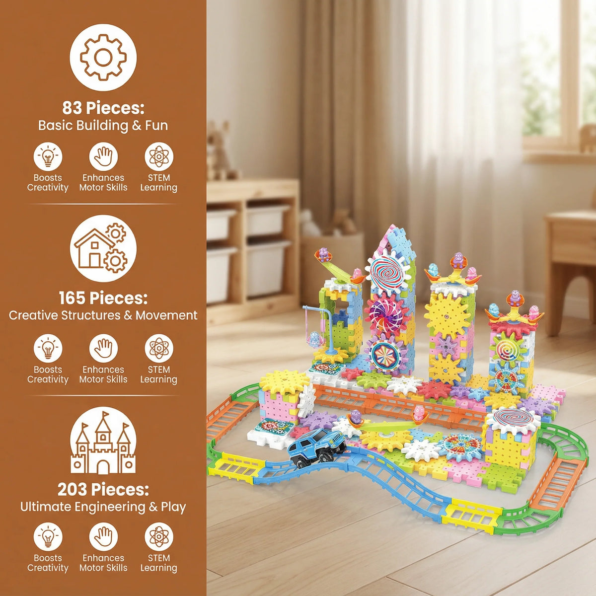 Gear Building Set Rotating Gears Up To 203 Pieces