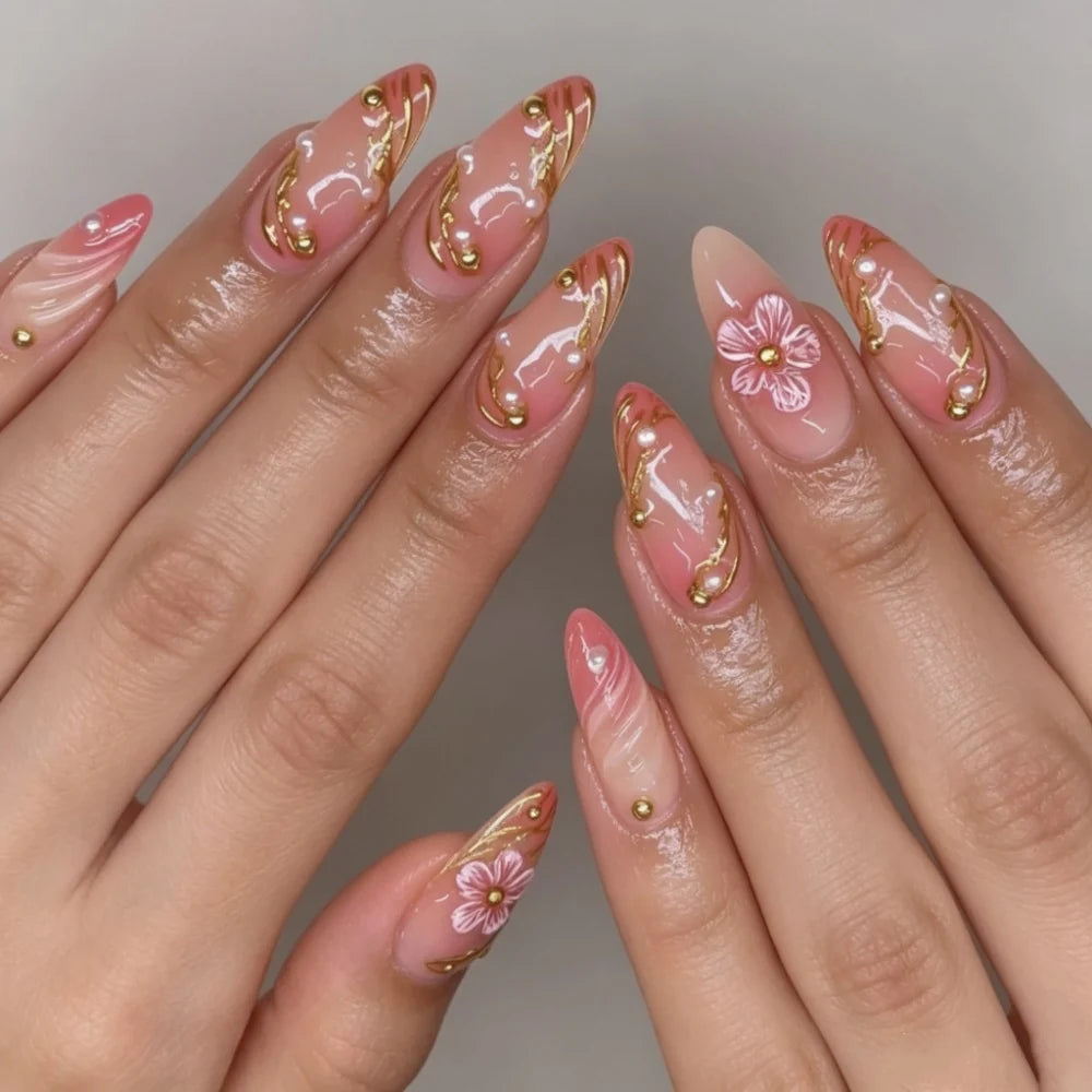 Gel Nail Enhancements Floral Design & High-Shine