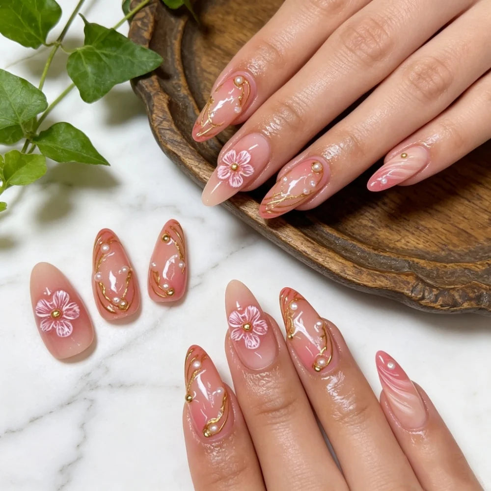 Gel Nail Enhancements Floral Design & High-Shine
