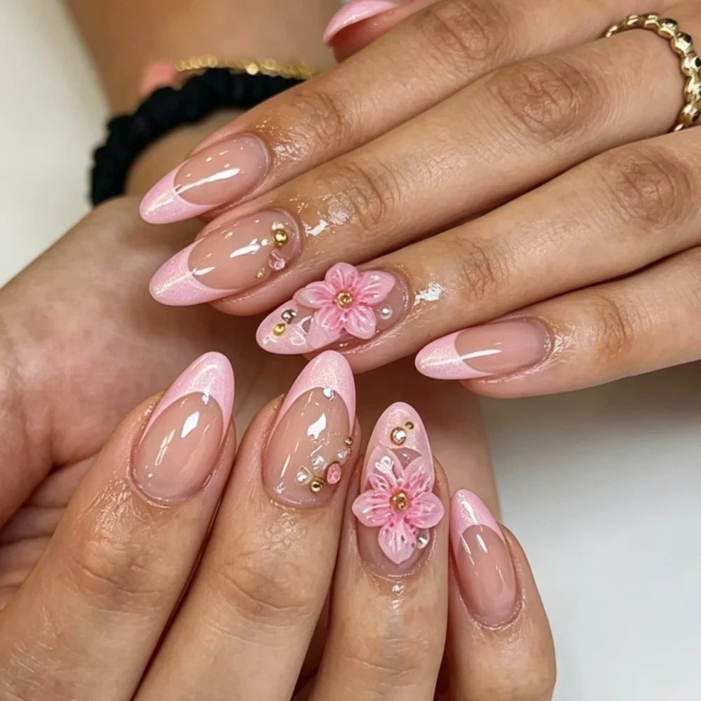 Gel Nail Enhancements Floral Glossy Long-Lasting