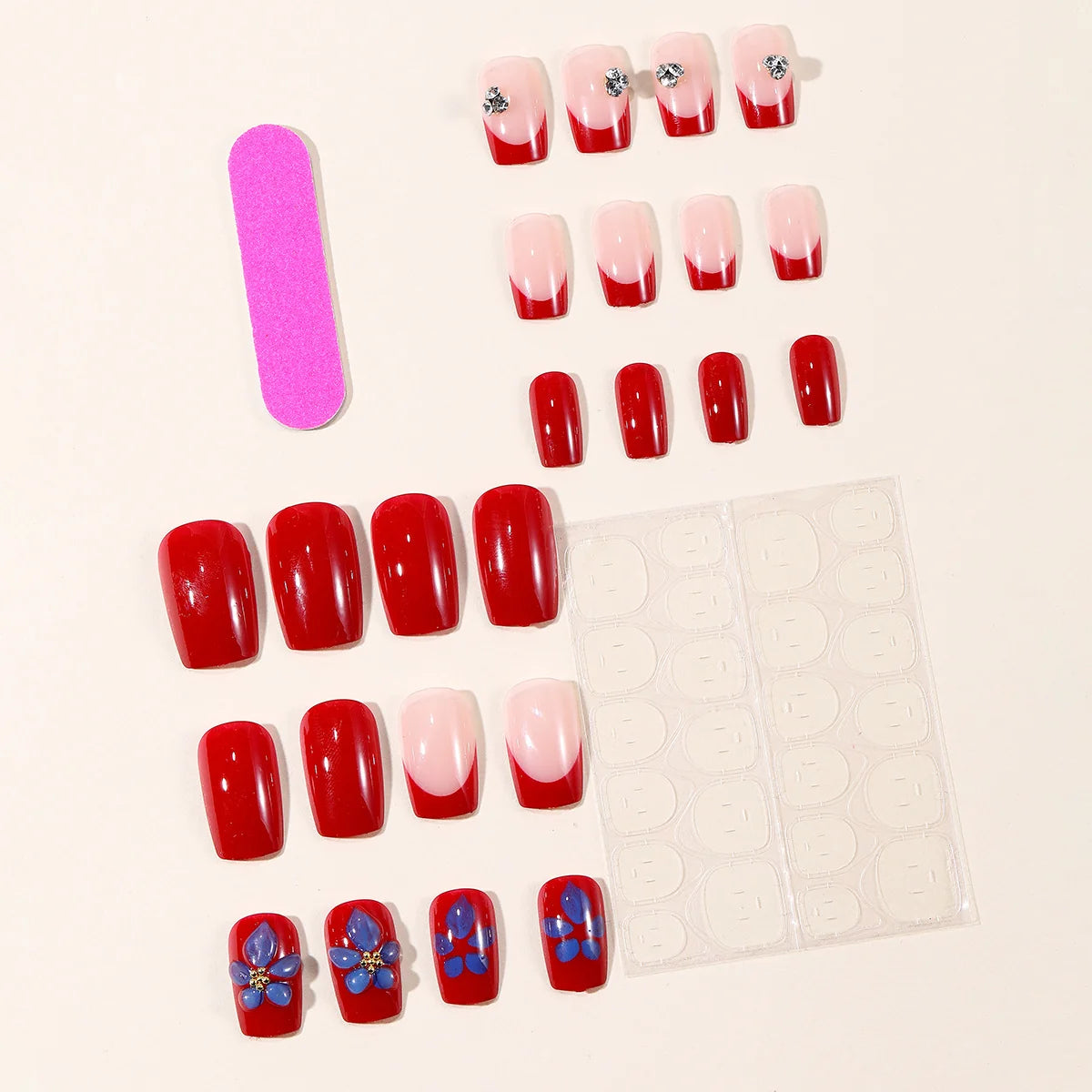 Gel Nail Extensions Red Floral Accent Long Lasting Gloss