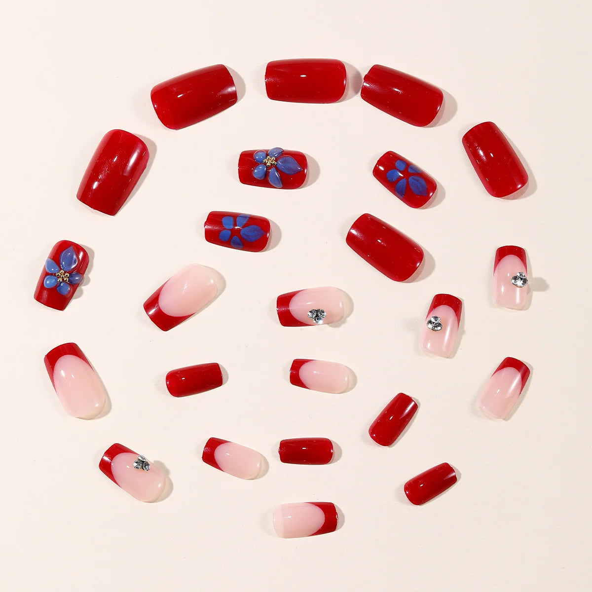 Gel Nail Extensions Red Floral Accent Long Lasting Gloss