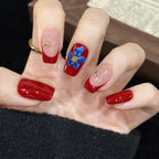 Gel Nail Extensions Red Floral Accent Long Lasting Gloss