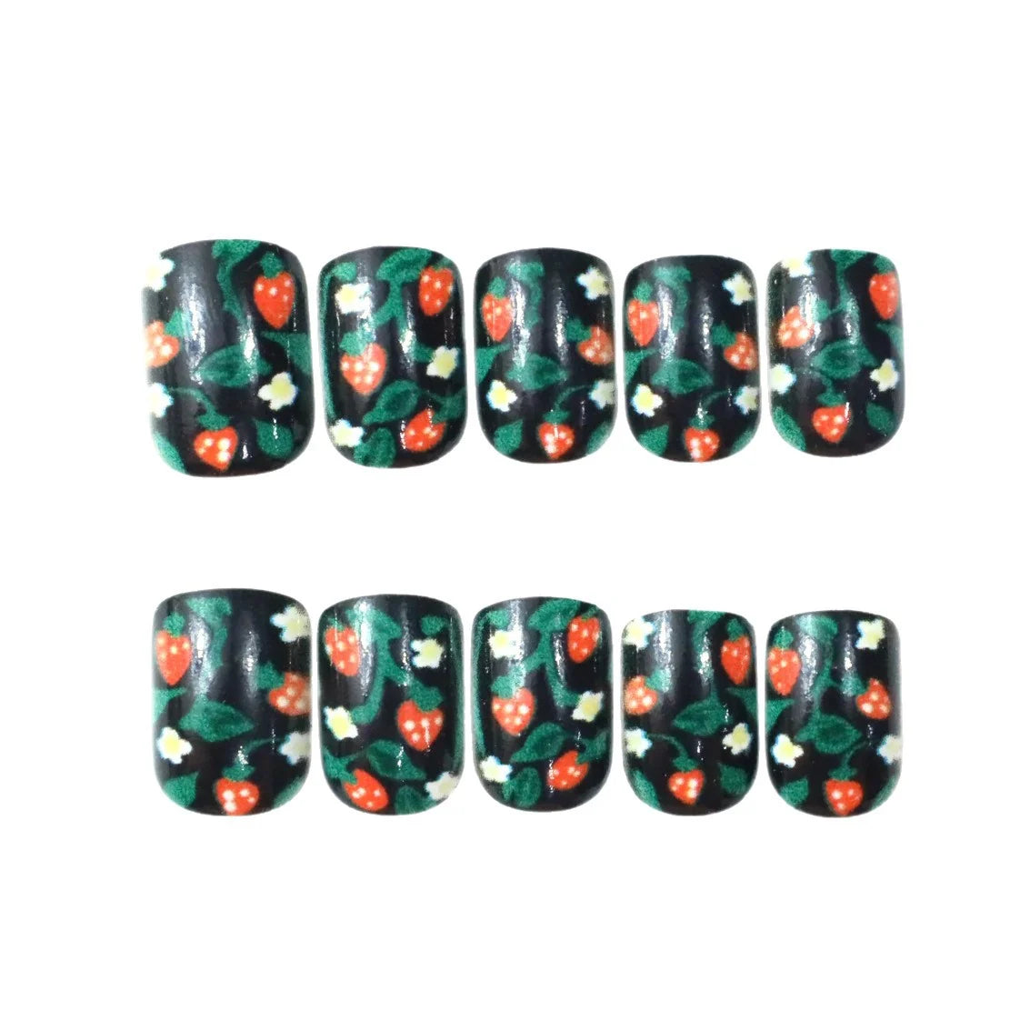 Gel Nail Set Floral Strawberry Glossy Long-Lasting