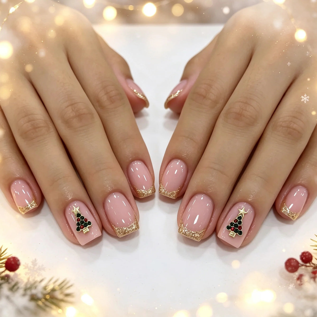 Gel Nail Set Glossy 3D Christmas Tree 24 Piece