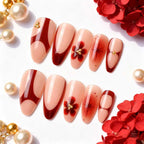 Gel Press-On Nail Set Red Gold Accents & Long-Lasting