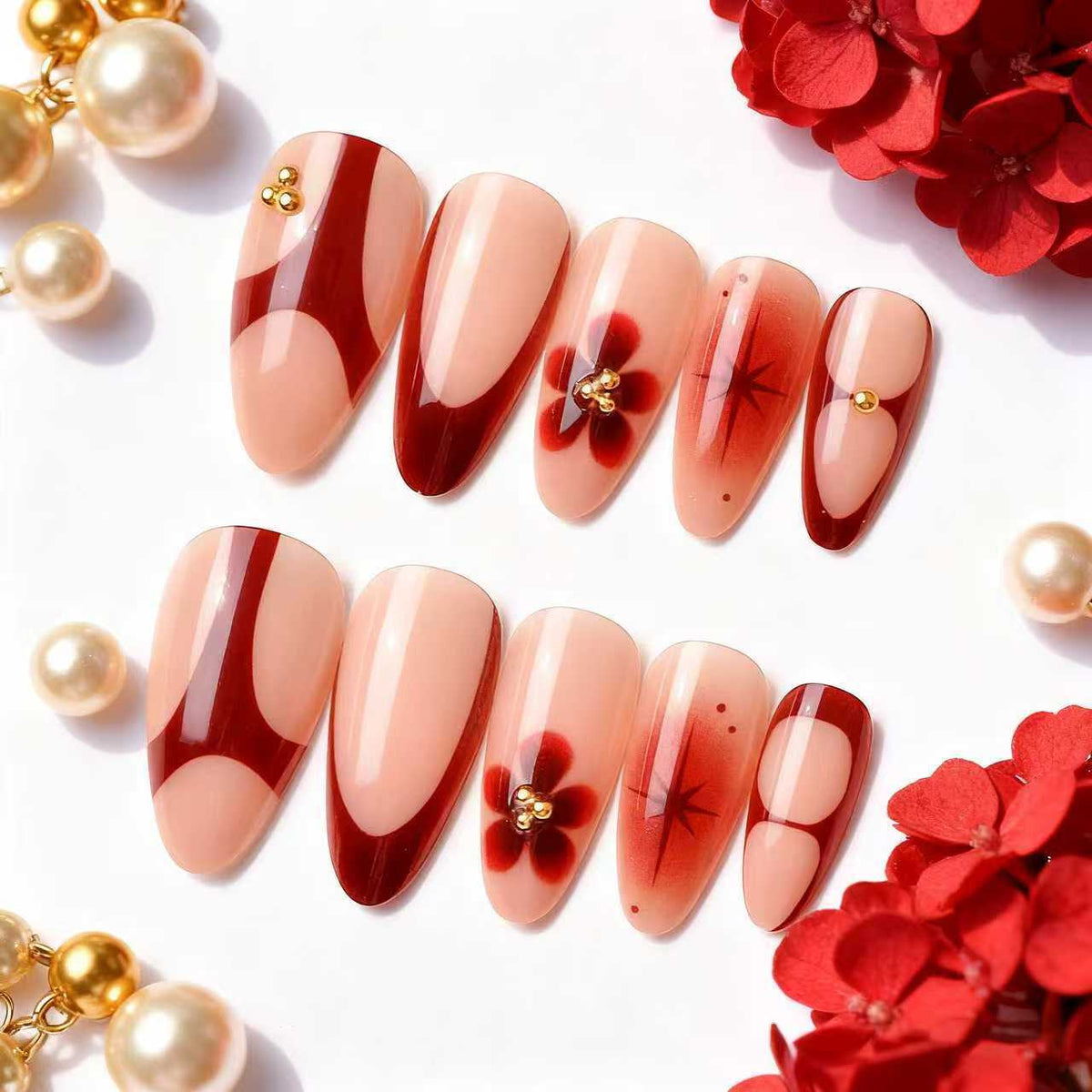 Gel Press-On Nail Set Red Gold Accents & Long-Lasting