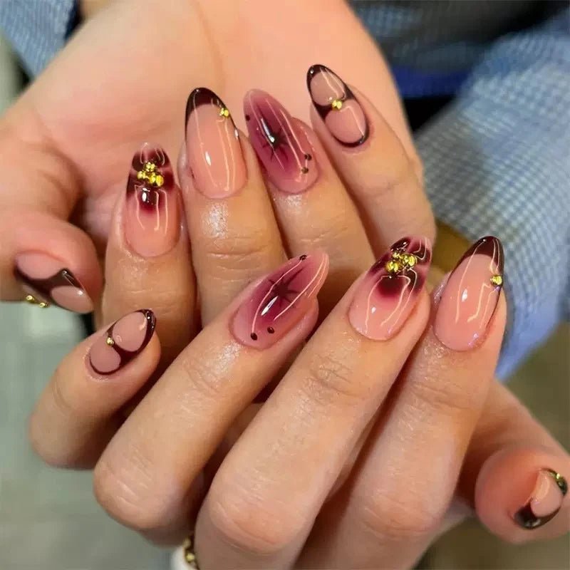 Gel Press-On Nail Set Red Gold Accents & Long-Lasting