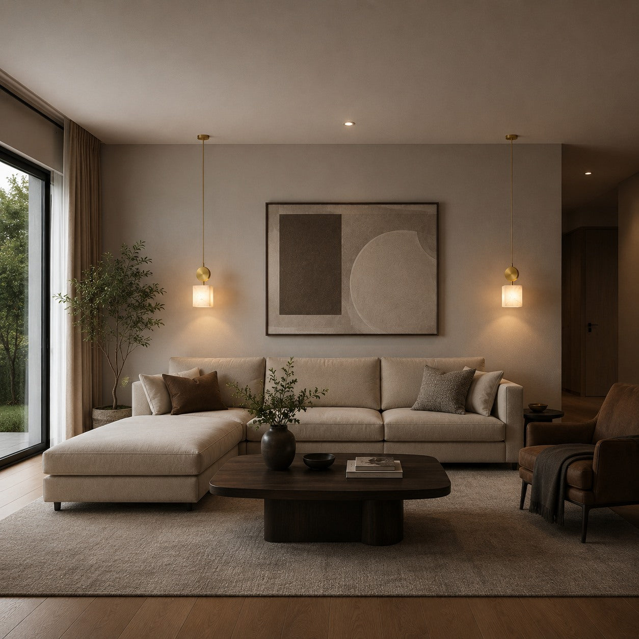 Genuine Alabaster & Copper LED Pendant Light (Adjustable Height)