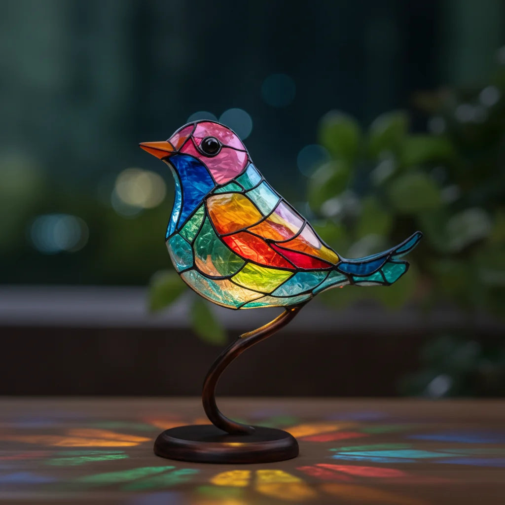 Glass Bird Figurine Handcrafted Layered Glass & Metal Base