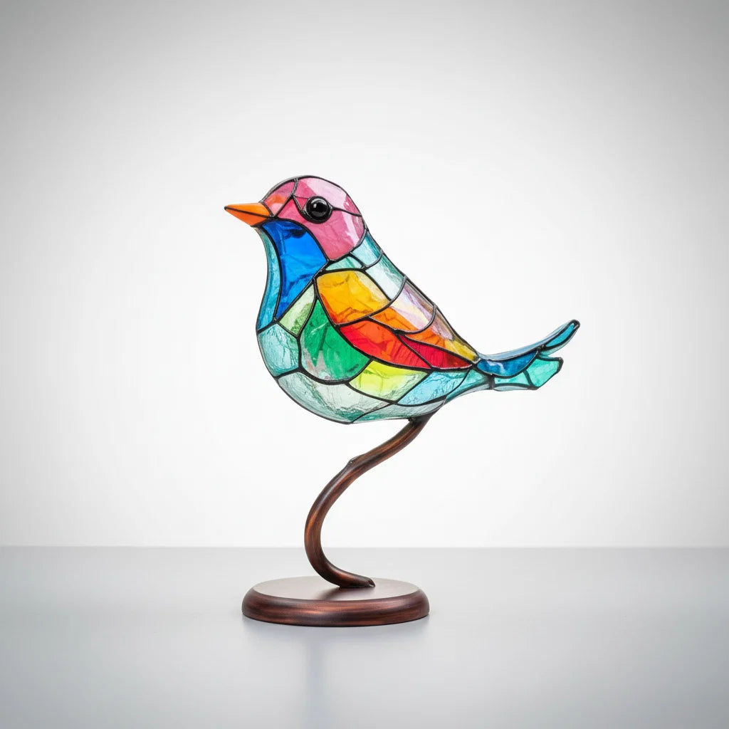 Glass Bird Figurine Handcrafted Layered Glass & Metal Base