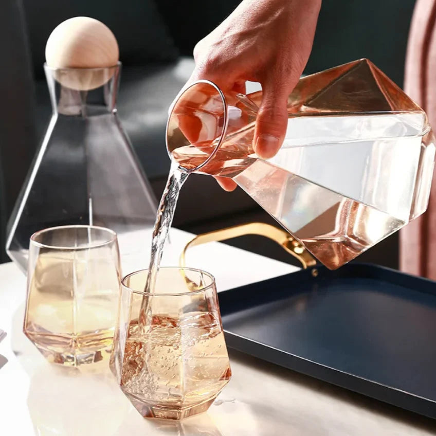 Glass Carafe Set Diamond Relief Beech Wood Stopper