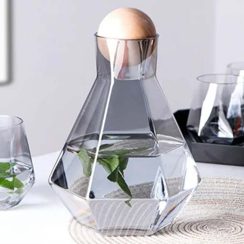 Glass Carafe Set Diamond Relief Beech Wood Stopper