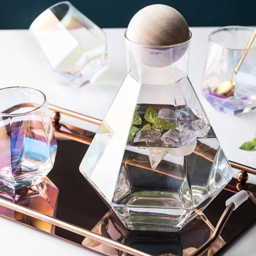 Glass Carafe Set Diamond Relief Beech Wood Stopper