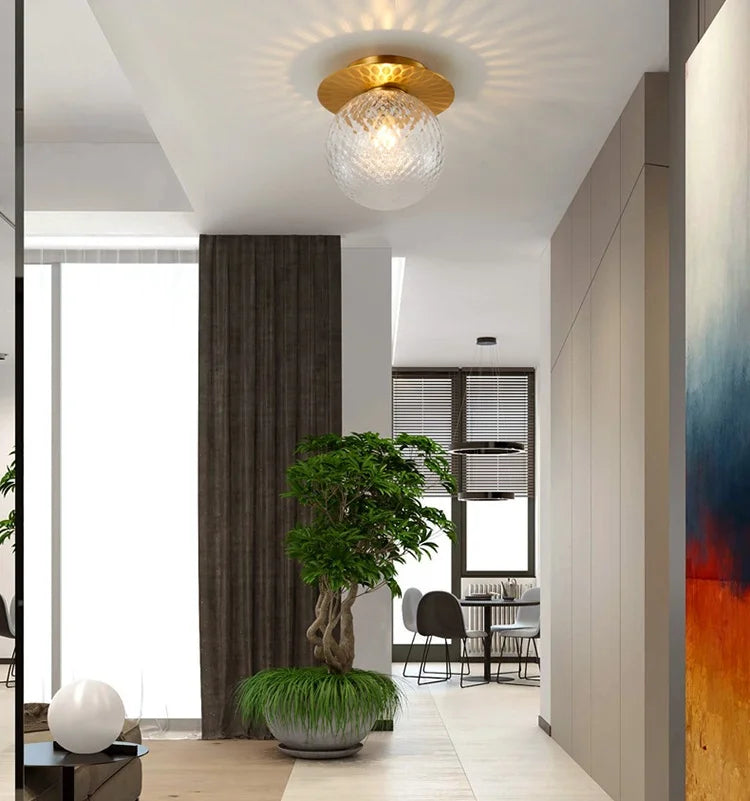 Glass Globe & Brushed Brass Flush Mount Ceiling Light (LED Included)