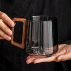 Glass Mug Double-Wall Borosilicate Wooden Handle 300ml
