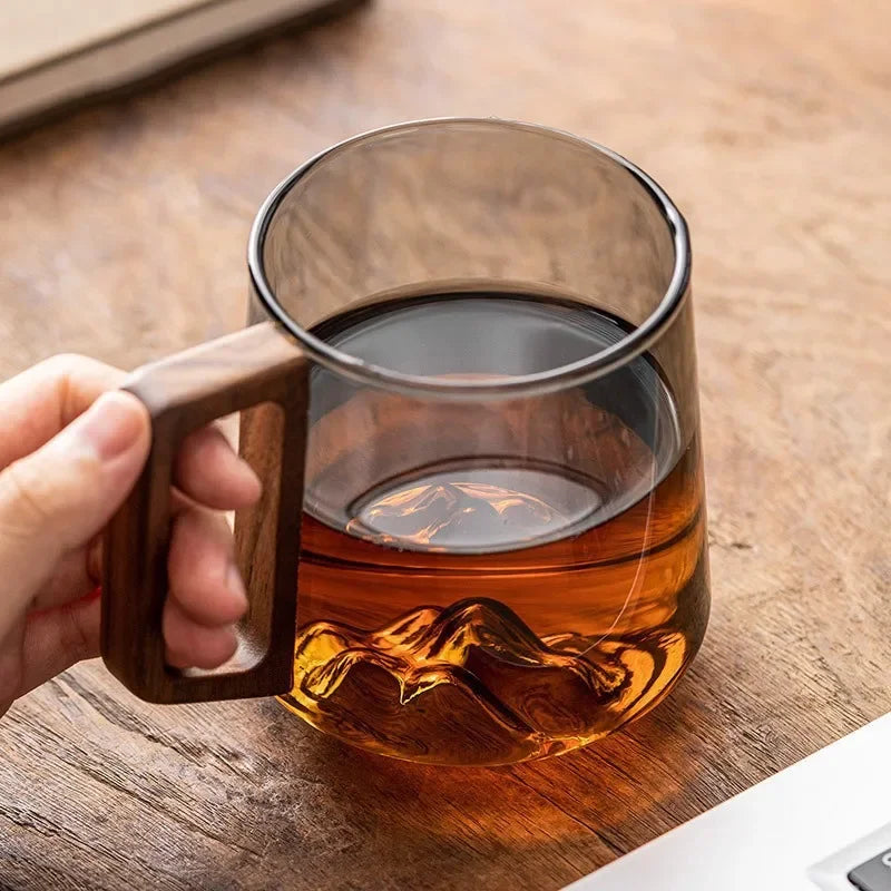 Glass Mug Double-Wall Borosilicate Wooden Handle 300ml