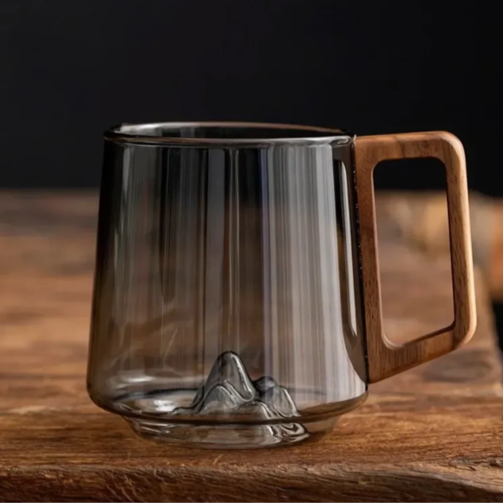 Glass Mug Double-Wall Borosilicate Wooden Handle 300ml