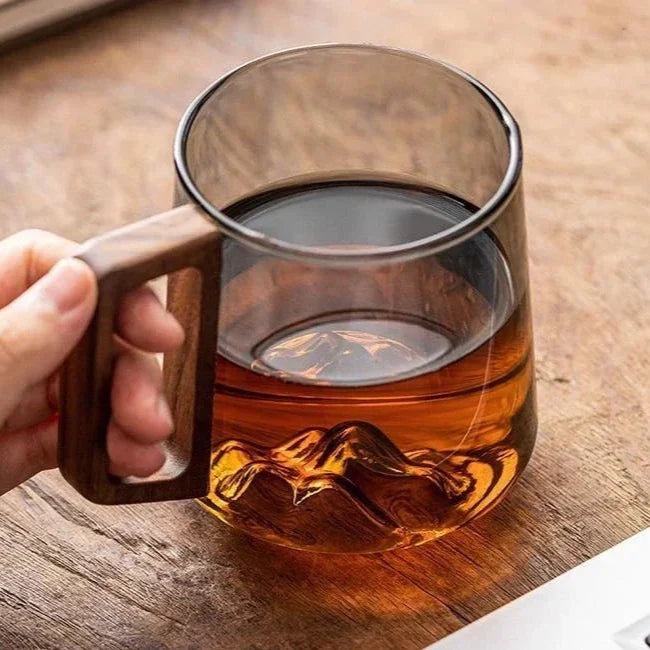 Glass Mug Double-Wall Borosilicate Wooden Handle 300ml
