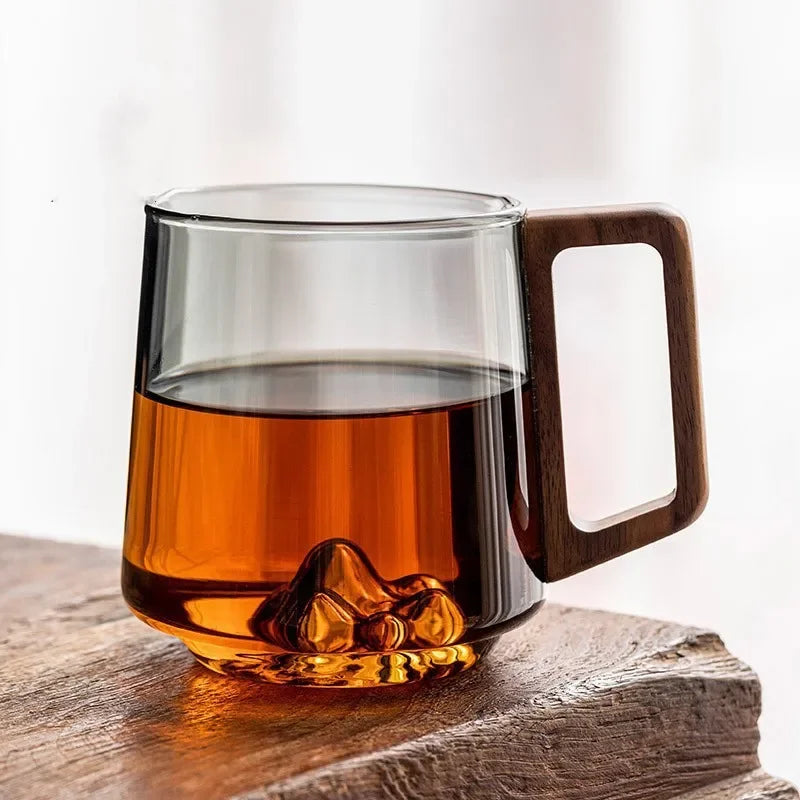 Glass Mug Double-Wall Borosilicate Wooden Handle 300ml