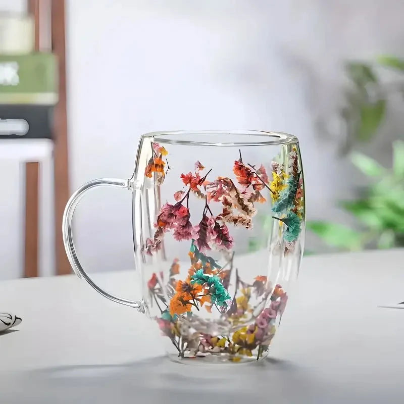 Glass Mug Double-Walled Floral 11.8 Fl Oz