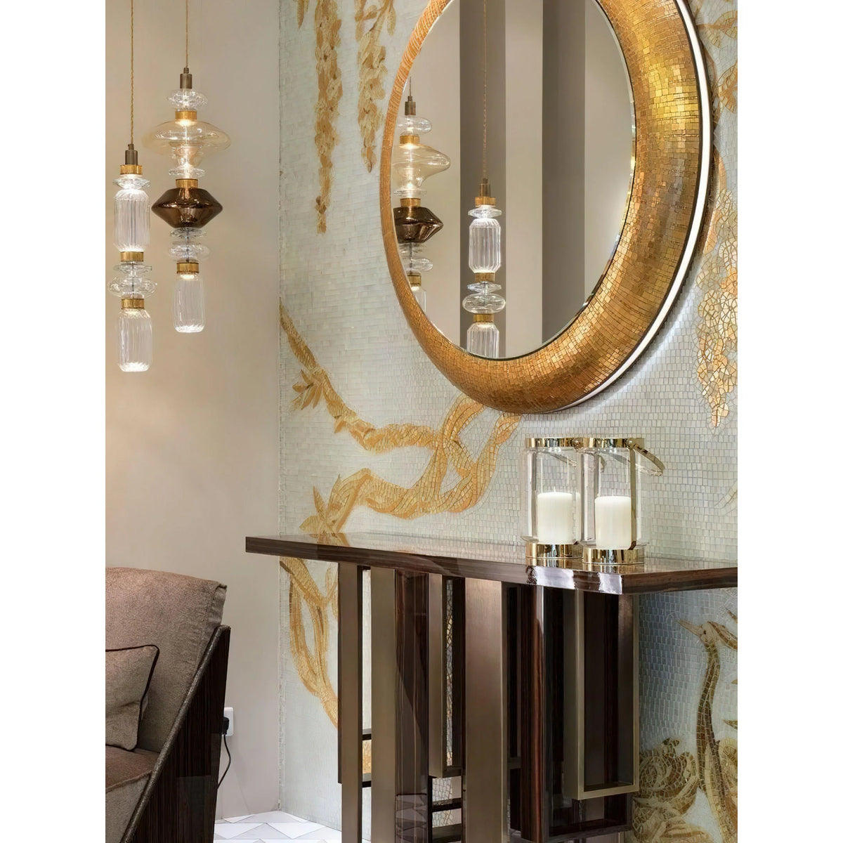 Glass Pendant Lamp Dimmable LED Adjustable Height Copper Finish