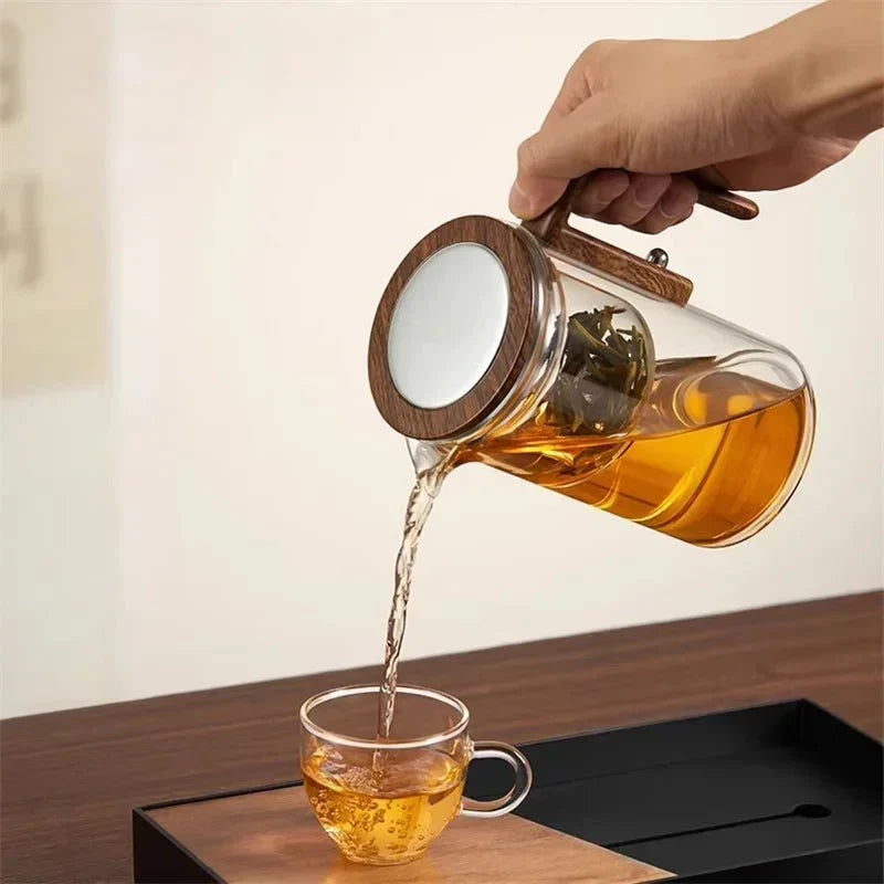 Glass Teapot Borosilicate Stainless Steel Infuser & Wooden Handle