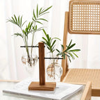 Glass Vase Retro Globe Natural Wood Stand