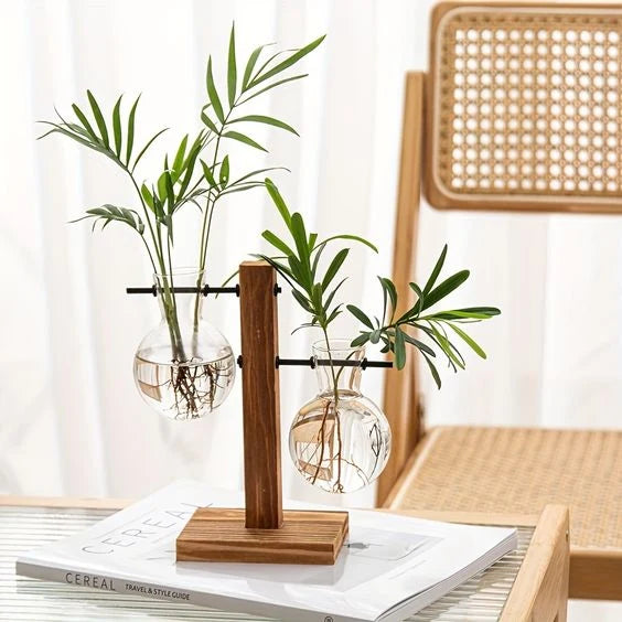 Glass Vase Retro Globe Natural Wood Stand