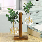 Glass Vase Retro Globe Natural Wood Stand
