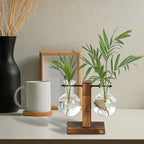 Glass Vase Retro Globe Natural Wood Stand