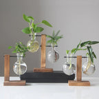 Glass Vase Retro Globe Natural Wood Stand