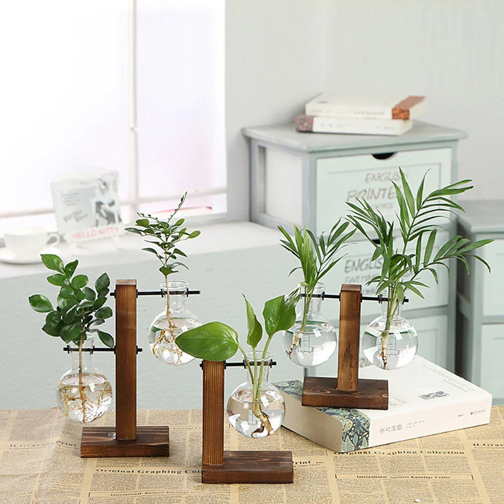 Glass Vase Retro Globe Natural Wood Stand
