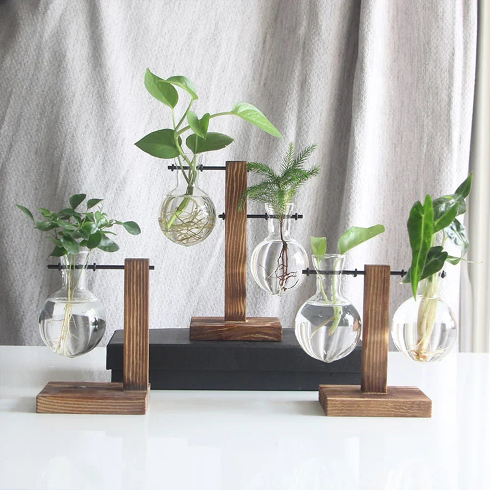 Glass Vase Retro Globe Natural Wood Stand