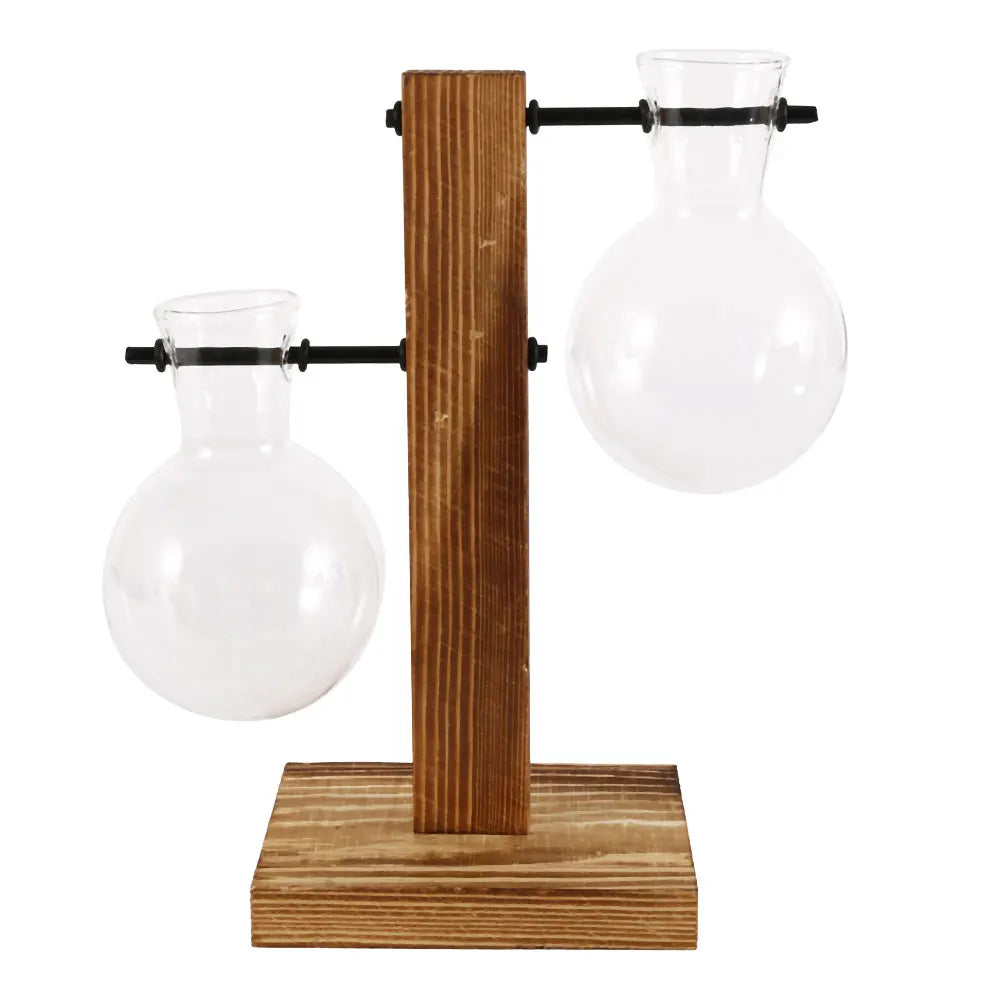 Glass Vase Retro Globe Natural Wood Stand