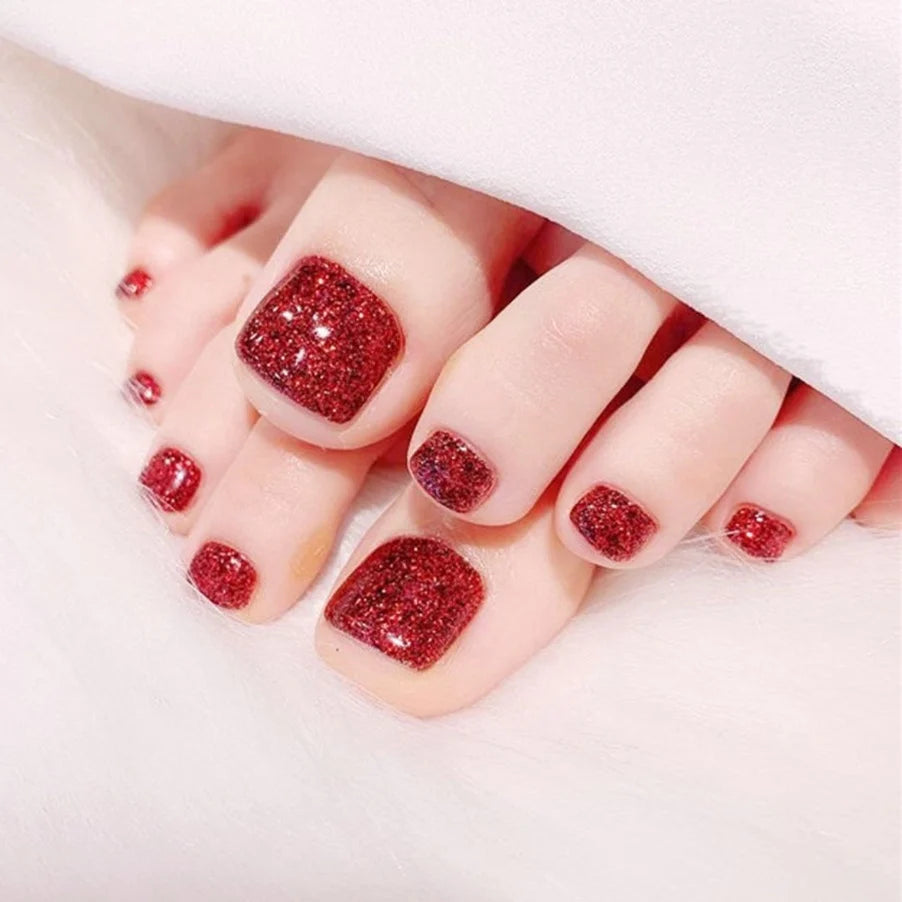 Glue-On Nail Set Glittery Red Long-Lasting