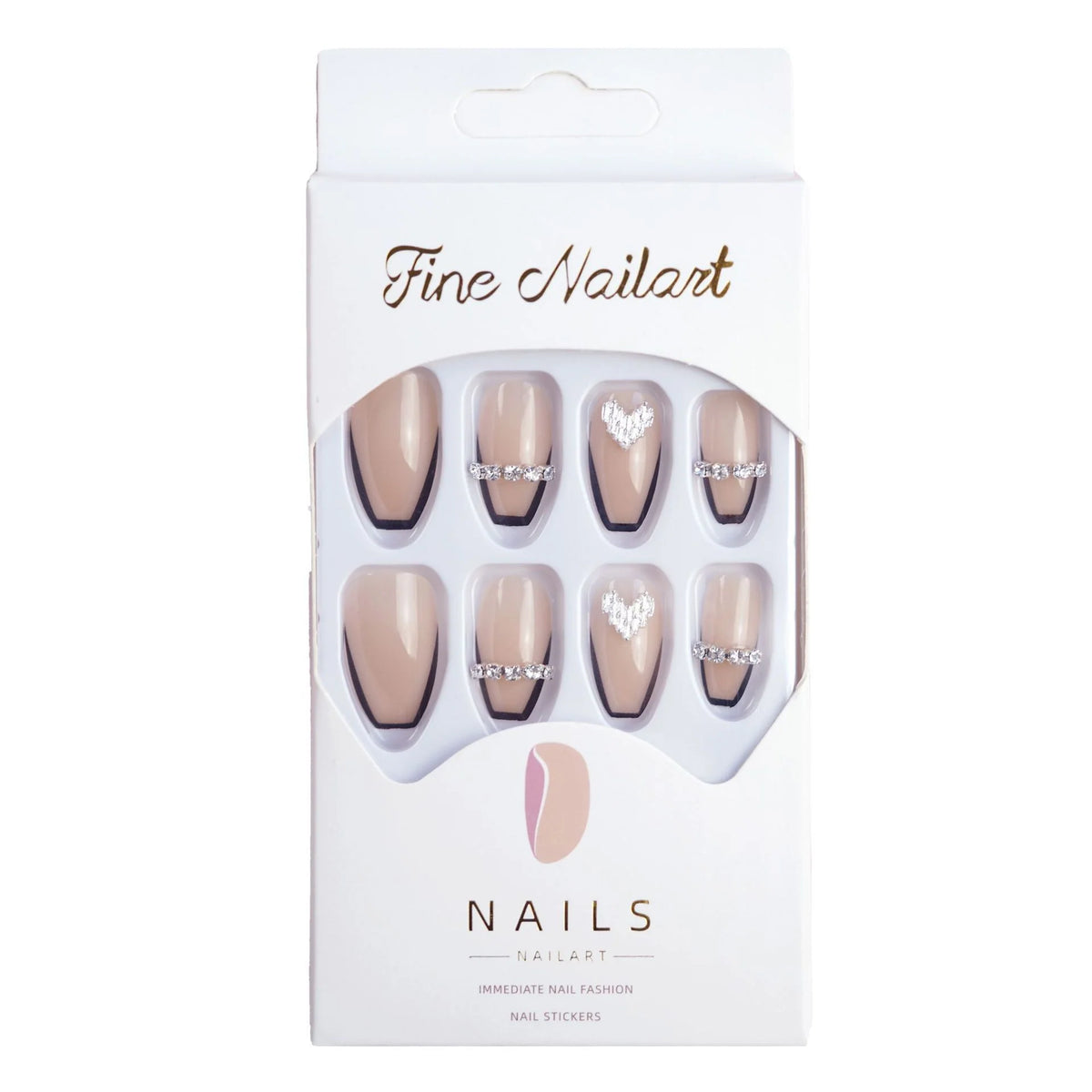 Glue-On Nails Silver Heart Embellished Easy Application