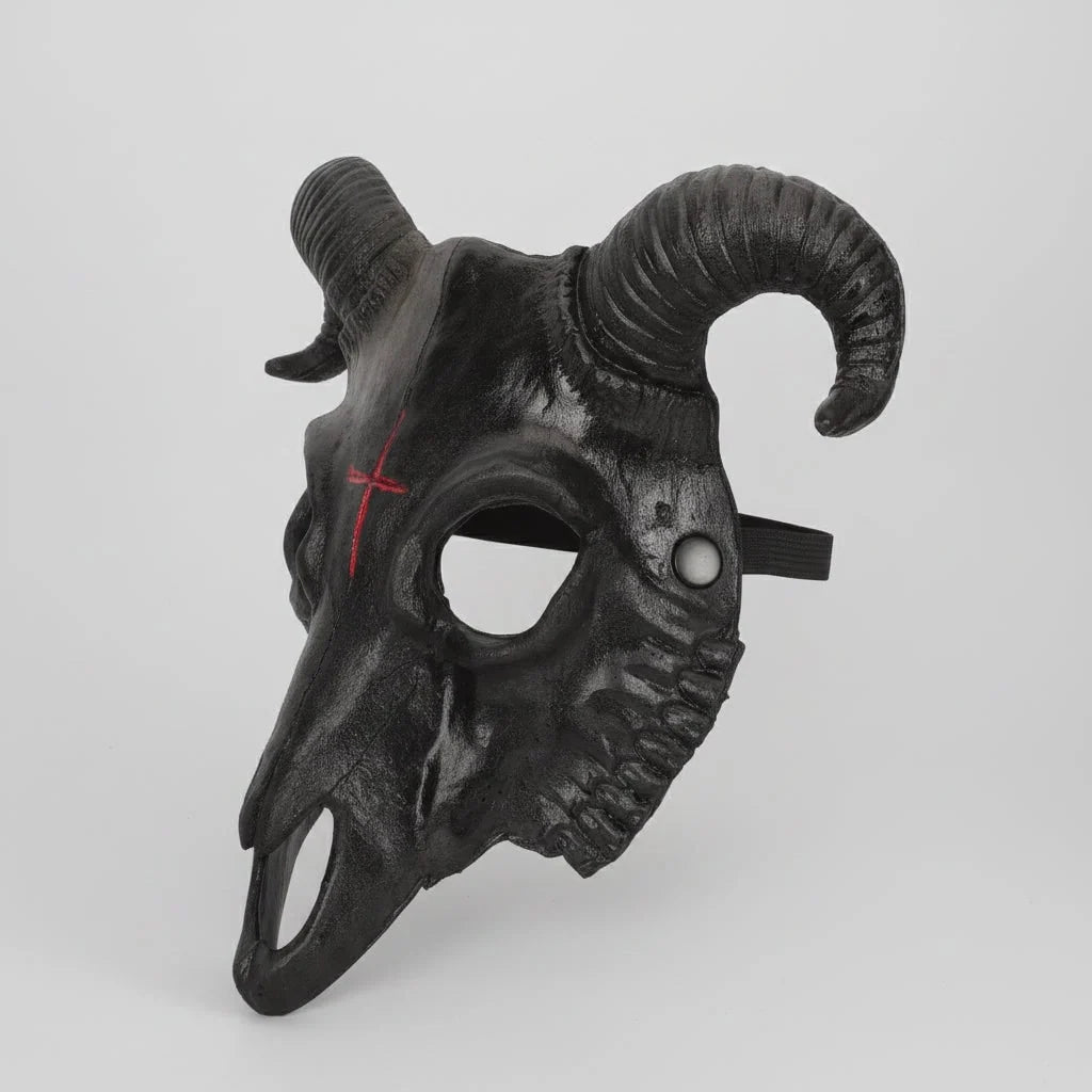 Goat Skull Mask Horned Inverted Red Cross Adjustable Strap