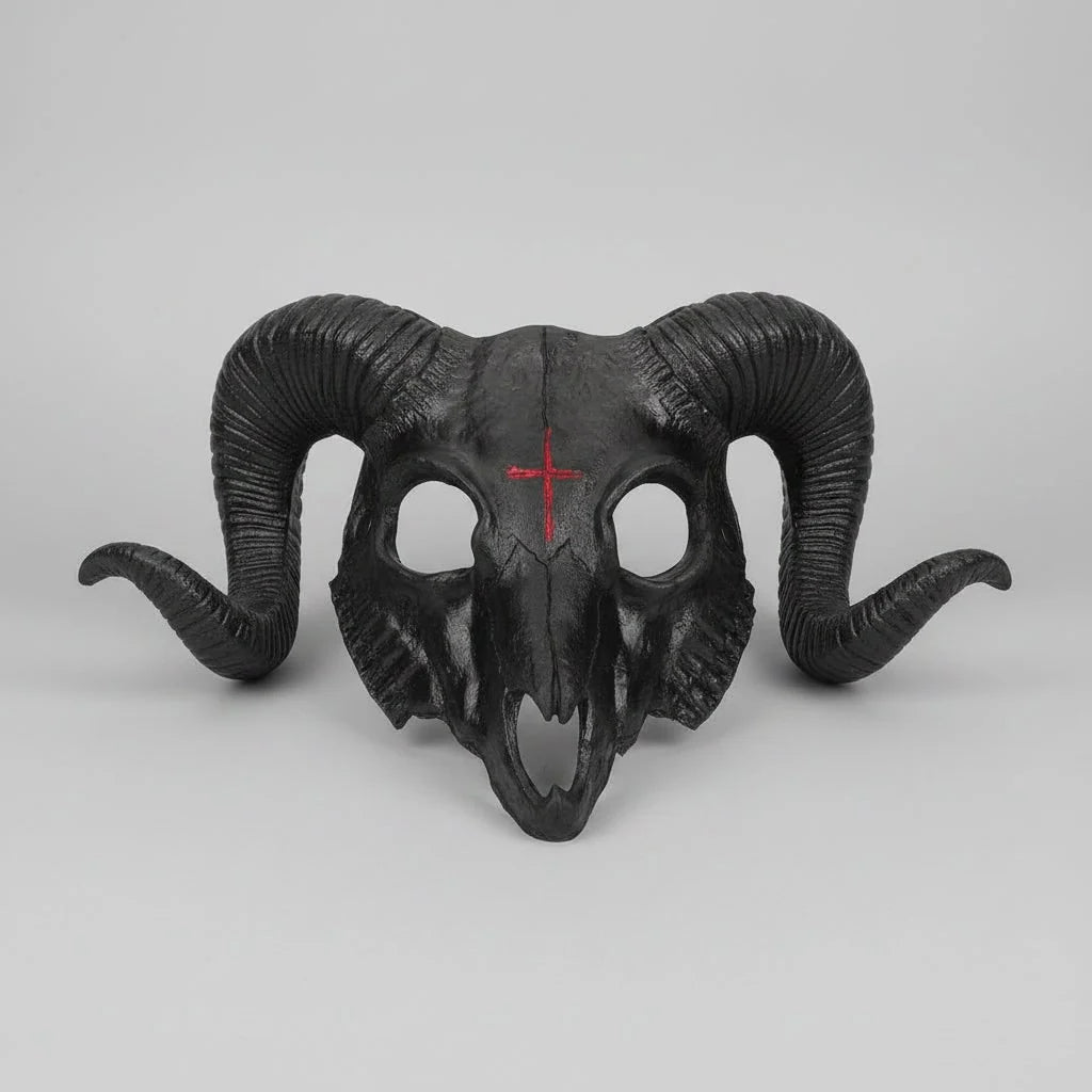 Goat Skull Mask Horned Inverted Red Cross Adjustable Strap