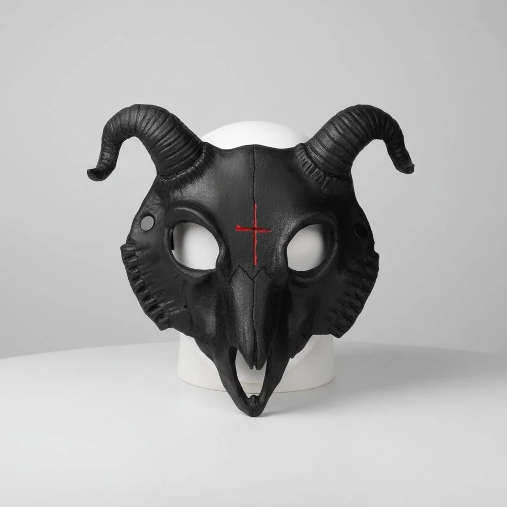 Goat Skull Mask Horned Inverted Red Cross Adjustable Strap