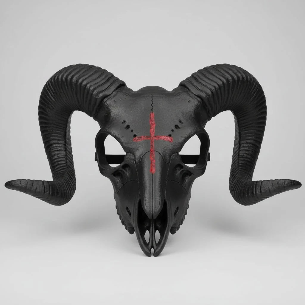 Goat Skull Mask Horned Inverted Red Cross Adjustable Strap
