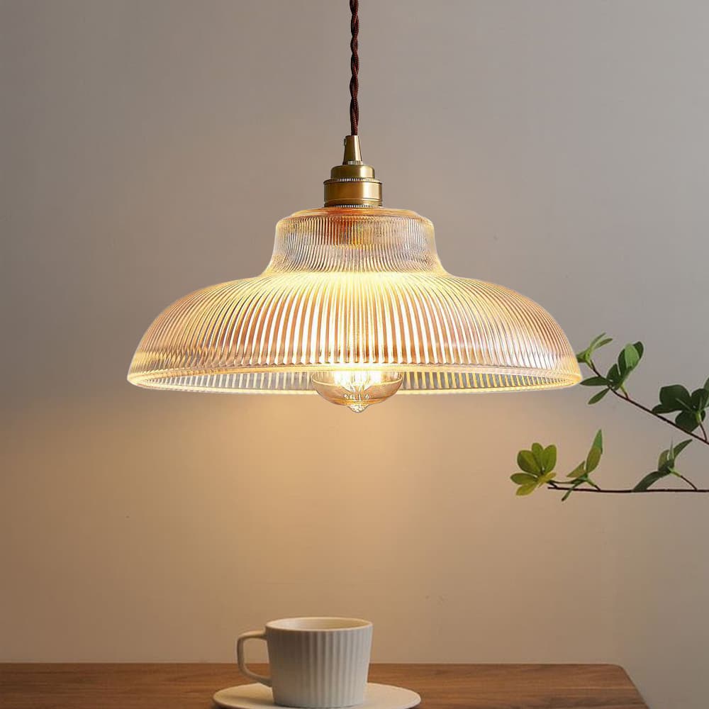 Green & Brass Prismatic Ribbed Glass Pendant Light (Adjustable Cord)